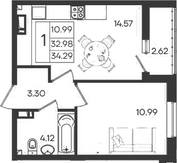 1-комн., 32.98 м², 7/9 этаж, ЖК «Дом 101»