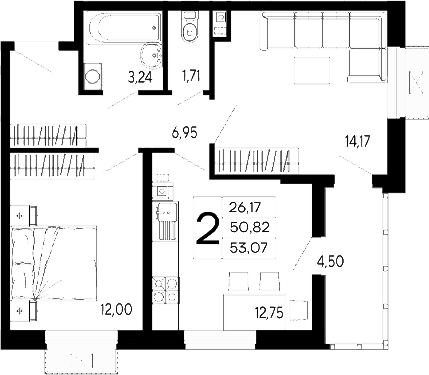 Продается 2-комн. квартира, 50.82 м²