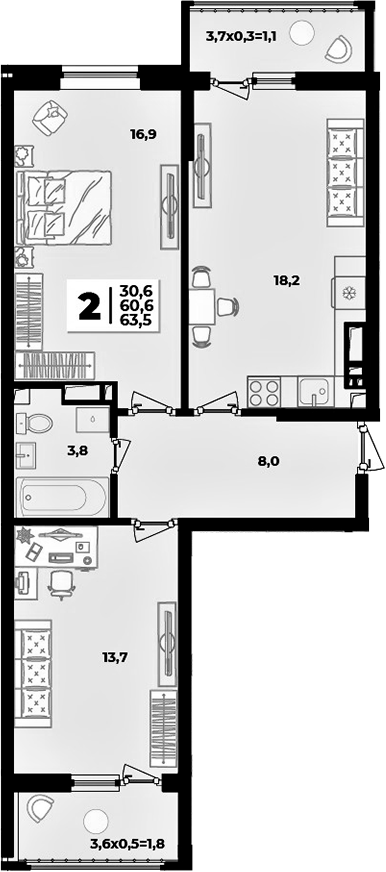 3-комн., 60.6 м², 4/9 этаж, ЖК «Лето»