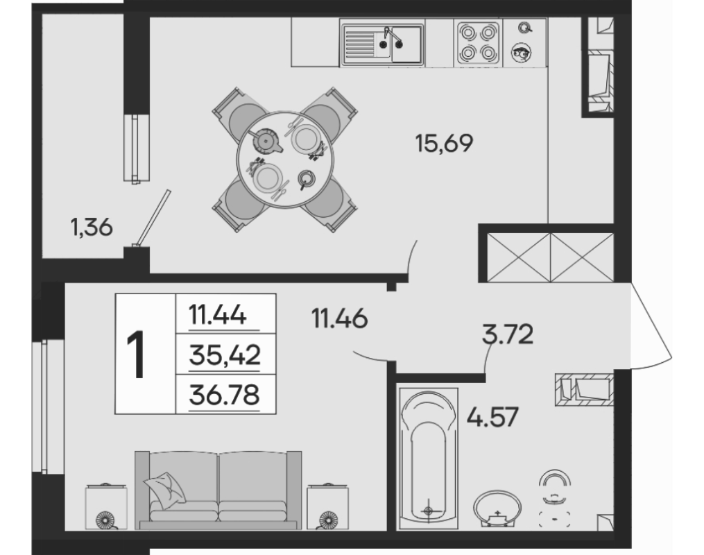 Продается 1-комн. квартира, 35.42 м²
