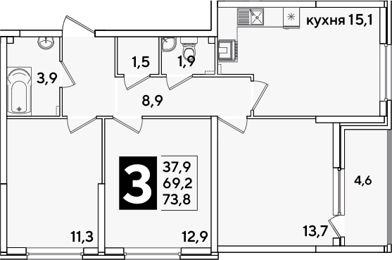 4+ комнаты, 69.2 м², 1/16 этаж, ЖК «Самолет»