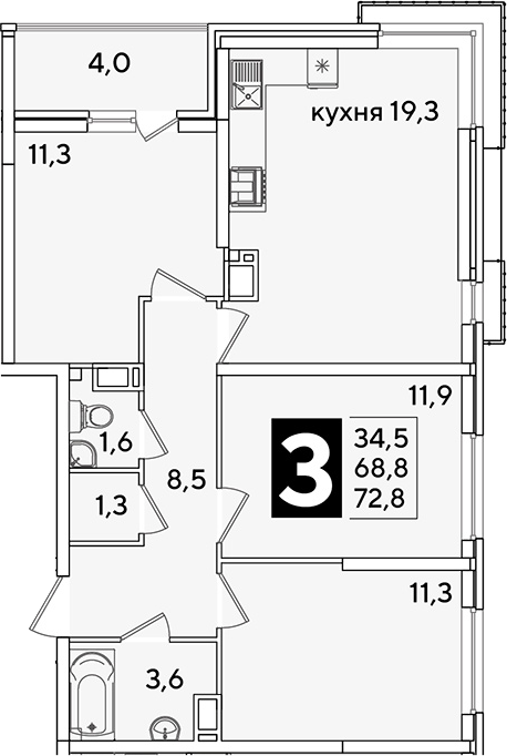 4+ комнаты, 68.8 м², 11/16 этаж, ЖК «Самолет»