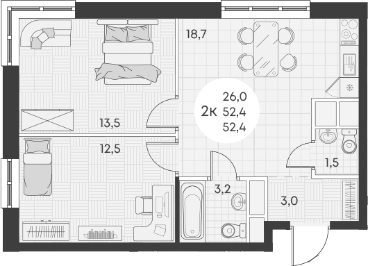 2-комн., 52.4 м², 2/14 этаж, ЖК «Грин Эппл»