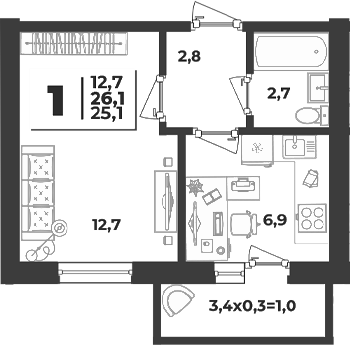 1-комн., 25.1 м², 1/5 этаж, ЖК «Дарград»