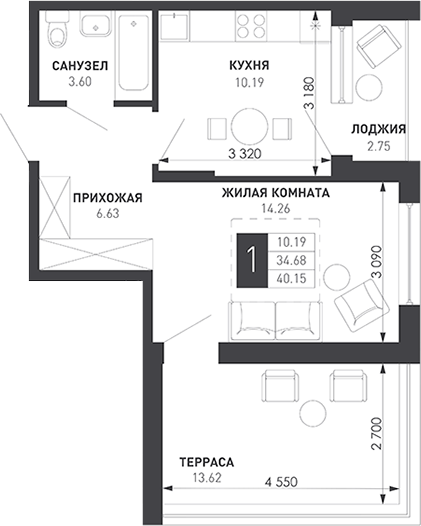 1-комн., 34.69 м², 9/9 этаж, ЖК «Иначе в Молодежном»