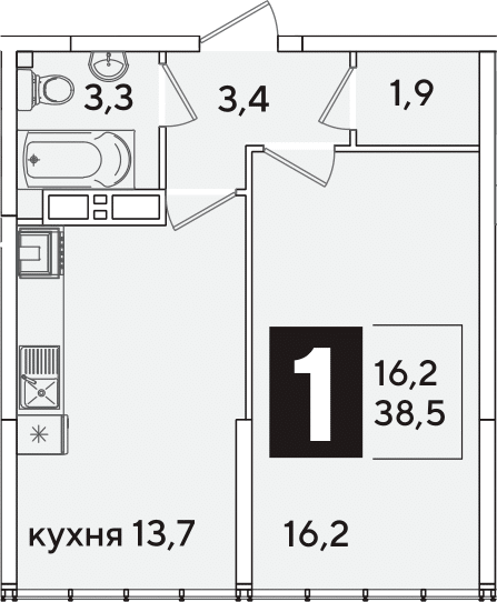1-комн., 38.5 м², 16/16 этаж, ЖК «Самолет»