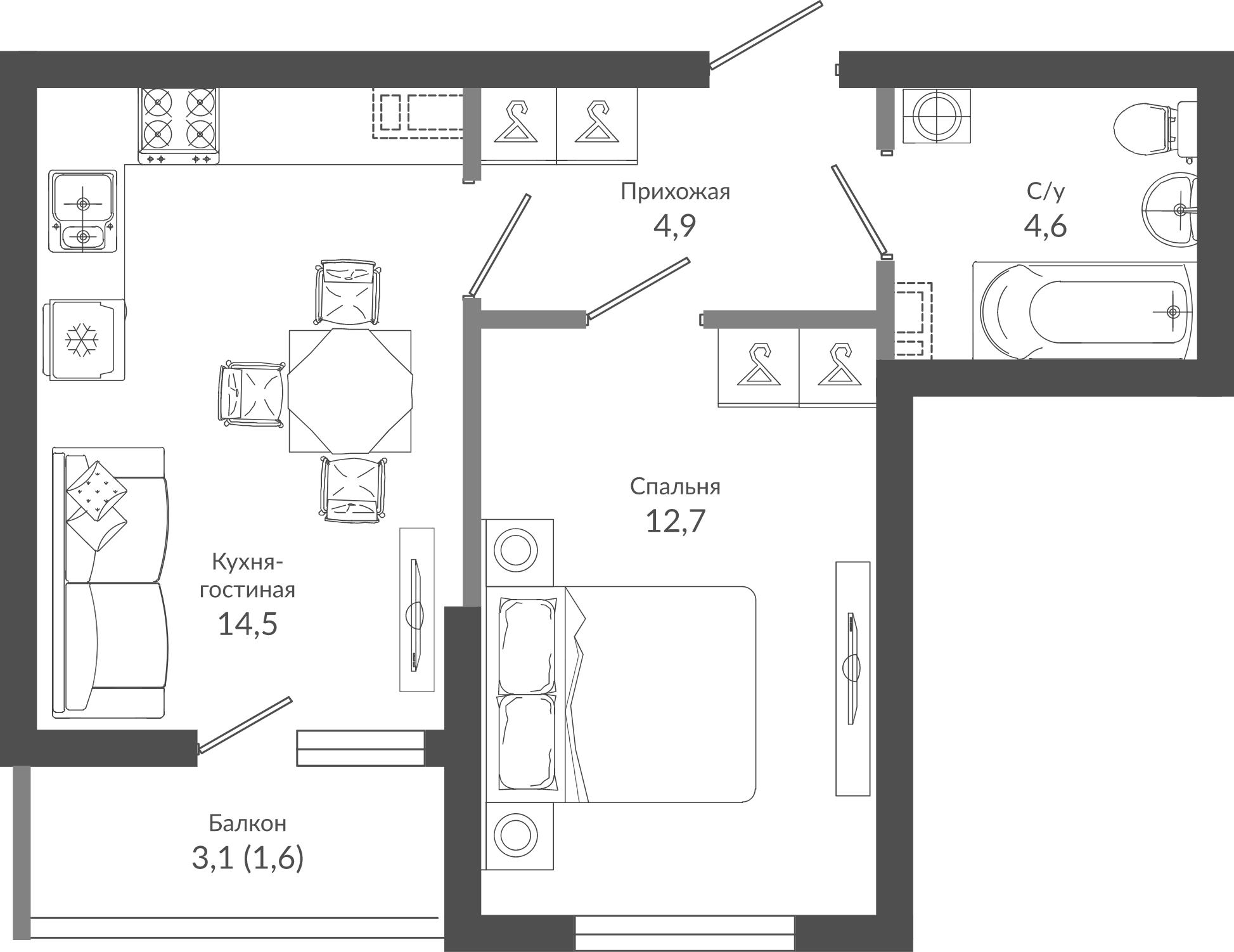 1-комн., 36.7 м², 1/12 этаж, ЖК «Флора»