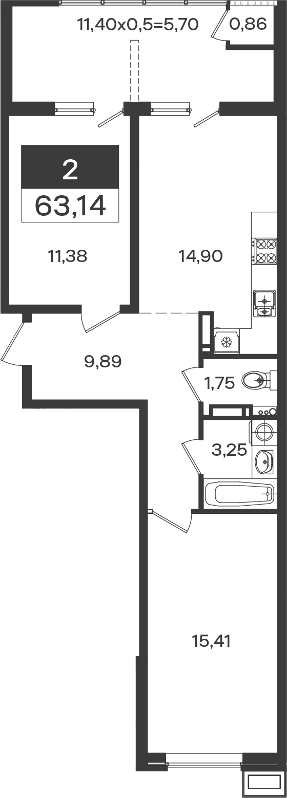 2-комн., 57.44 м², 9/18 этаж, ЖК «Образцово»