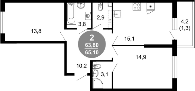2-комн., 63.8 м², 1/17 этаж, ЖК «Лестория»