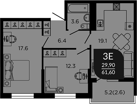 3-комн., 60.65 м², 10/22 этаж, ЖК «Отражение. Дарстрой»
