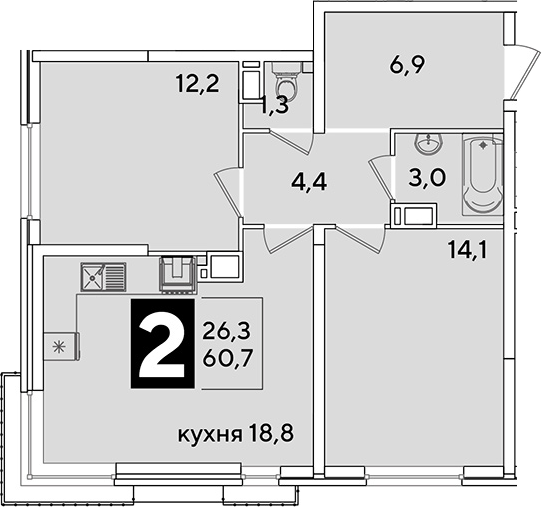 3-комн., 60.7 м², 14/16 этаж, ЖК «Самолет»
