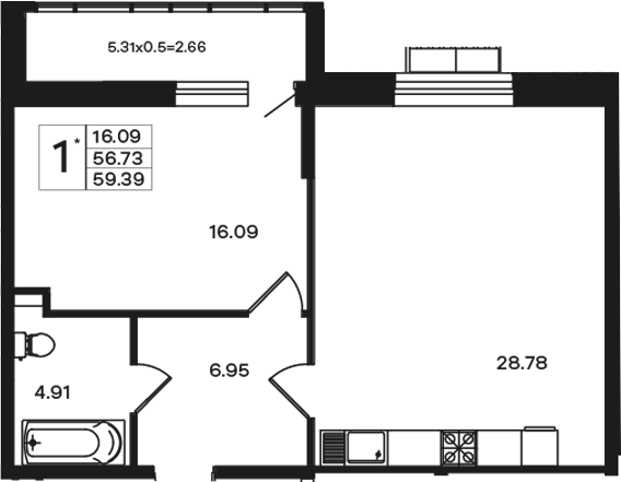 1-комн., 56.73 м², 1/10 этаж, ЖК «Эндемик»