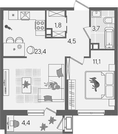 2-комн., 44.5 м², 4/24 этаж, ЖК «Рекорд»