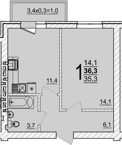 1-комн., 35.3 м², 5/5 этаж, ЖК «Дарград»