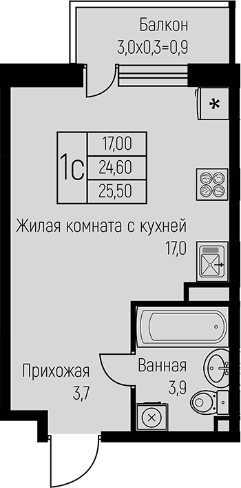 Студия, 24.6 м², 1/3 этаж, ЖК «Nova Vita»