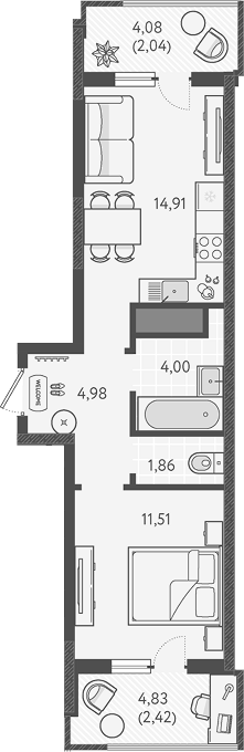 1-комн., 37.26 м², 14/18 этаж, ЖК «Теплые края»