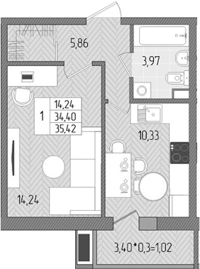 1-комн., 34.4 м², 1/8 этаж, ЖК «Сады у моря»