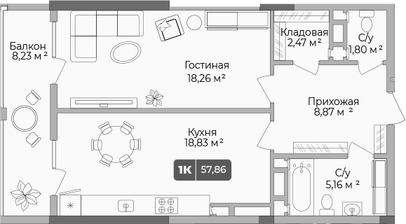 1-комн., 55.39 м², 9/17 этаж, ЖК «Золотой берег. СЗ Среда»