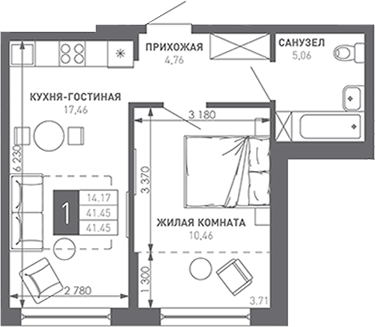 Продается 1-комн. квартира, 42.7 м²