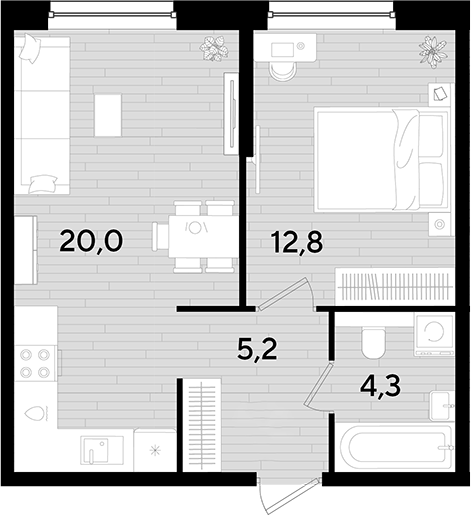 1-комн., 42.3 м², 2/16 этаж, ЖК «DОГМА ПАРК»
