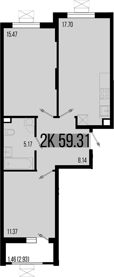 2-комн., 57.85 м², 1/8 этаж, ЖК «Цветной бульвар»