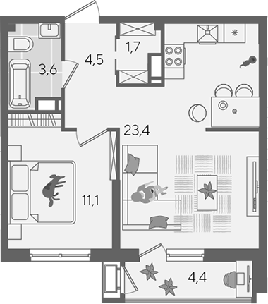 2-комн., 44.3 м², 21/24 этаж, ЖК «Рекорд»