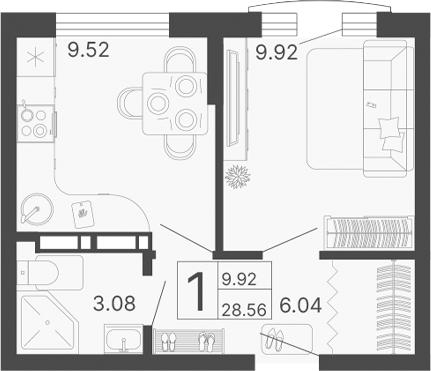 1-комн., 28.56 м², 12/20 этаж, ЖК «Светский лес»
