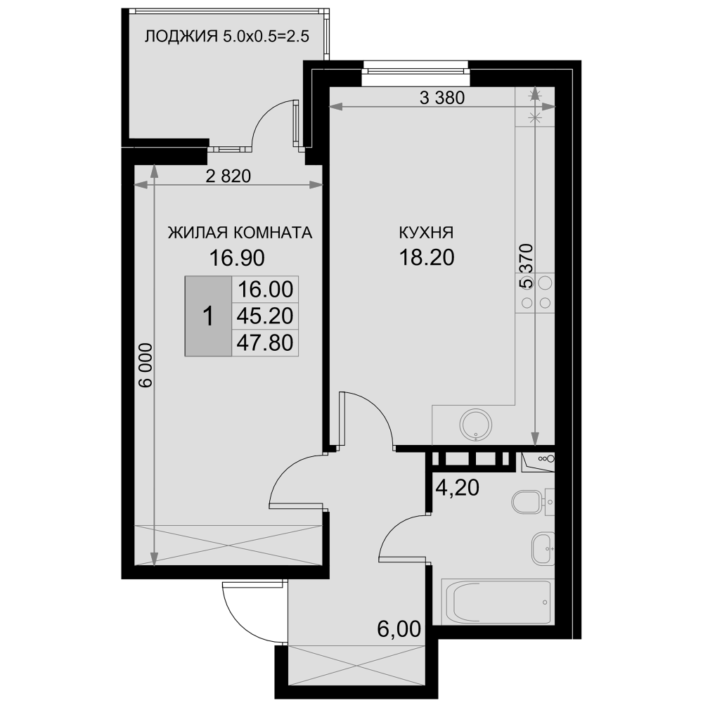 2-комн., 45.3 м², 6/7 этаж, ЖК «История»