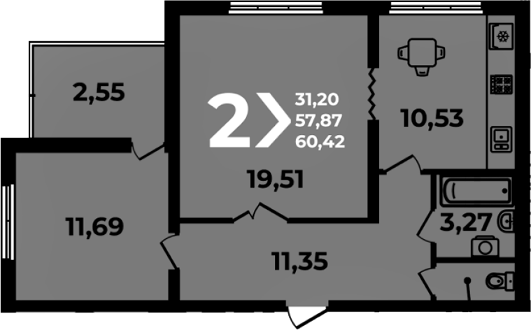 Продается 2-комн. квартира, 57.87 м²
