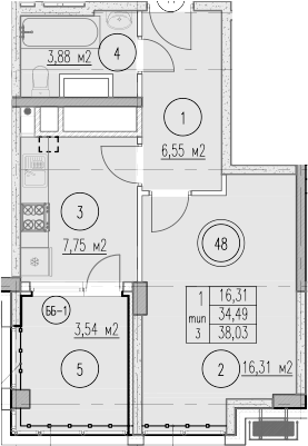 1-комн., 34.49 м², 8/10 этаж, ЖК «Agoy Park Residence by Lavicon»