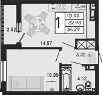 1-комн., 32.98 м², 4/9 этаж, ЖК «Дом 101»