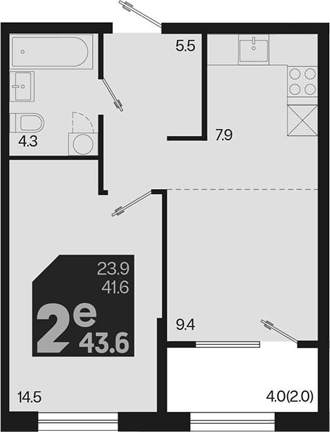 2-комн., 41.6 м², 2/9 этаж, ЖК «Первое место»