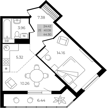 2-комн., 41.08 м², 7/8 этаж, ЖК «Курортный регион»
