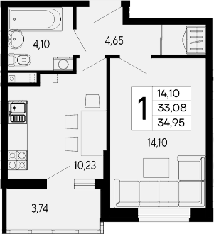 Продается 1-комн. квартира, 33.08 м²