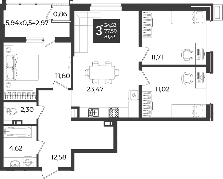 Продается 3-комн. квартира, 77.5 м²