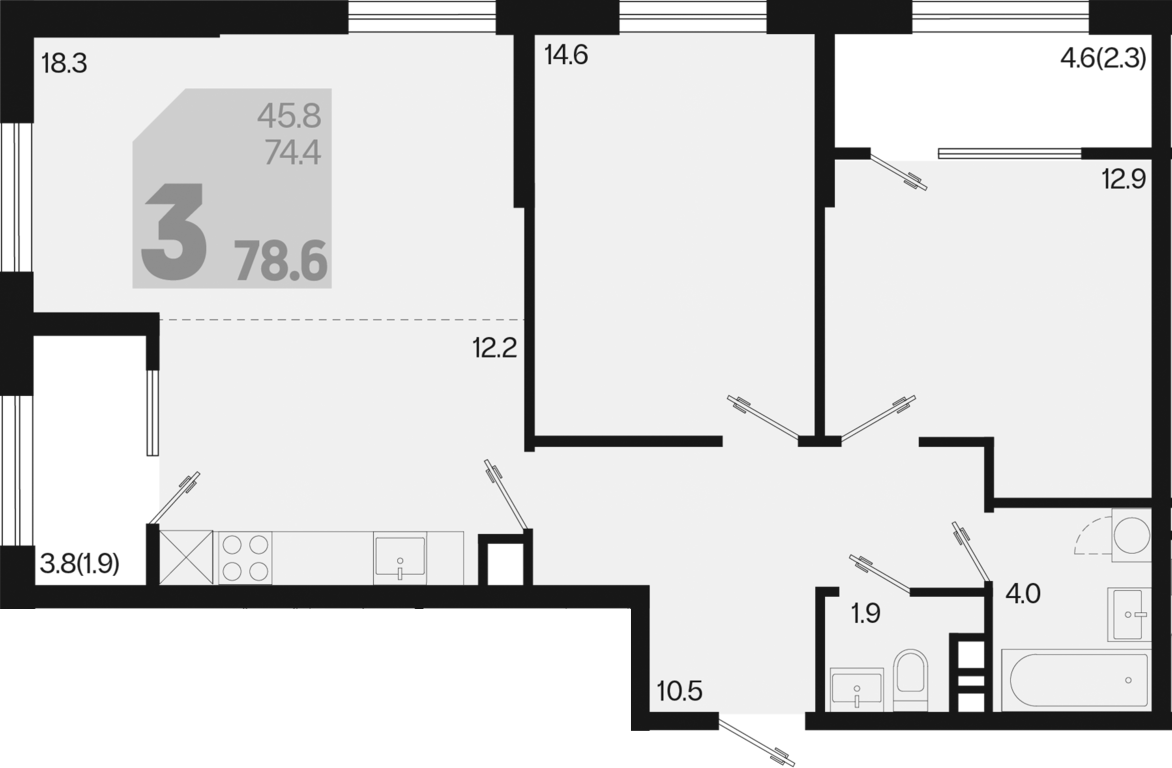 3-комн., 74.4 м², 3/9 этаж, ЖК «Первое место»