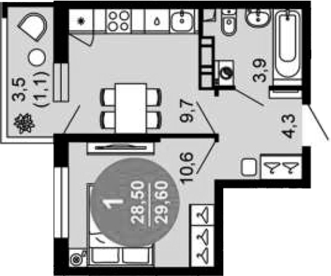 1-комн., 28.5 м², 2/12 этаж, ЖК «Флора»