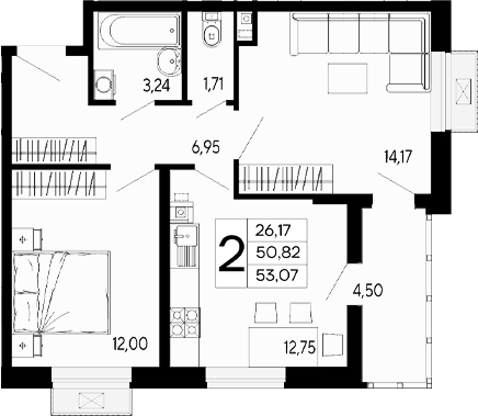 2-комн., 50.82 м², 2/16 этаж, ЖК «Эпос»