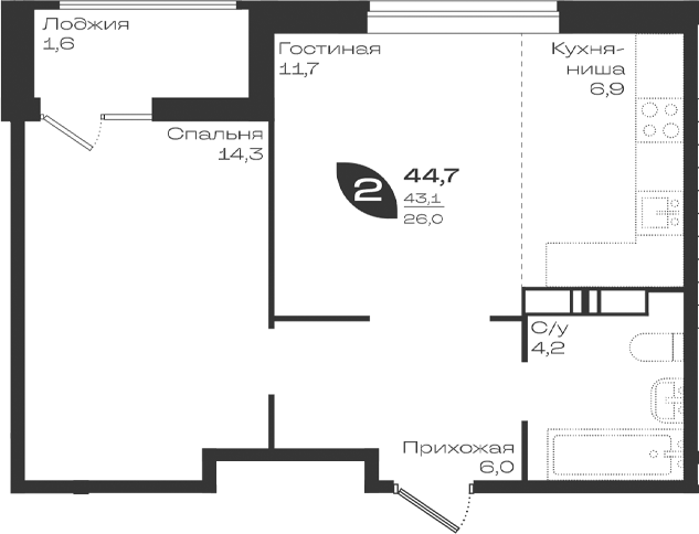 2-комн., 43.1 м², 18/18 этаж, ЖК «Ботаника»