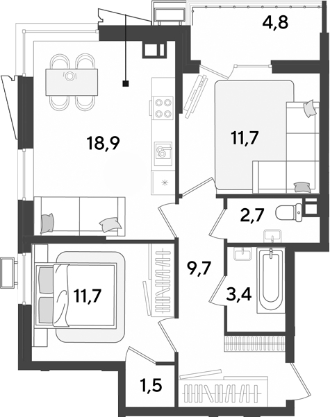 3-комн., 59.6 м², 5/18 этаж, ЖК «Парк Победы»
