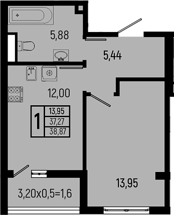1-комн., 37.27 м², 3/9 этаж, ЖК «Ботаника Хиллс»