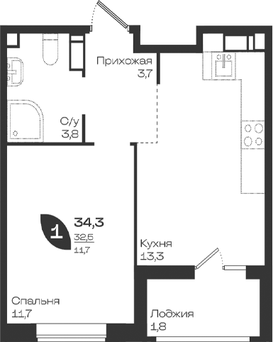 1-комн., 32.5 м², 16/18 этаж, ЖК «Ботаника»