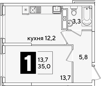 1-комн., 35 м², 12/16 этаж, ЖК «Самолет»