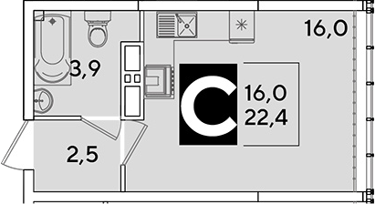 Студия, 22.4 м², 15/16 этаж, ЖК «Самолет»