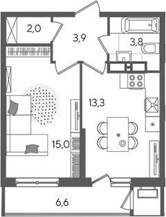 1-комн., 38 м², 24/24 этаж, ЖК «Рекорд»