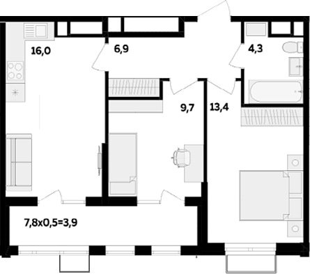 2-комн., 50.3 м², 2/16 этаж, ЖК «МегаСити»