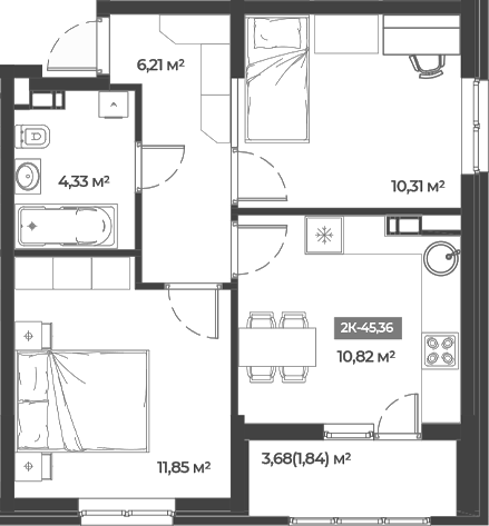2-комн., 43.52 м², 5/5 этаж, ЖК «Соловей»