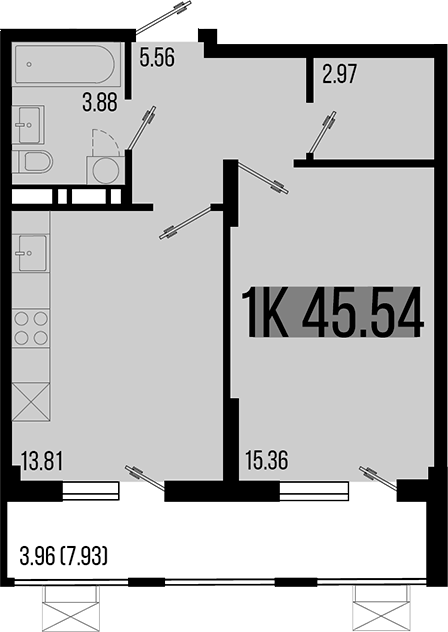 1-комн., 41.58 м², 5/8 этаж, ЖК «Цветной бульвар»