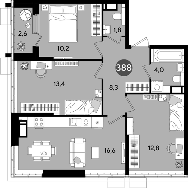 3-комн., 67.1 м², 16/16 этаж, ЖК «DОГМА ПАРК»