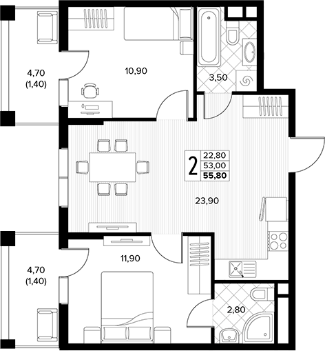 2-комн., 53 м², 3/7 этаж, ЖК «Кипарис»